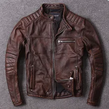 Новинка, Мужская винтажная коричневая мотоциклетная кожаная куртка, модные байкерские драпированные Куртки из натуральной воловьей кожи, зимние пальто