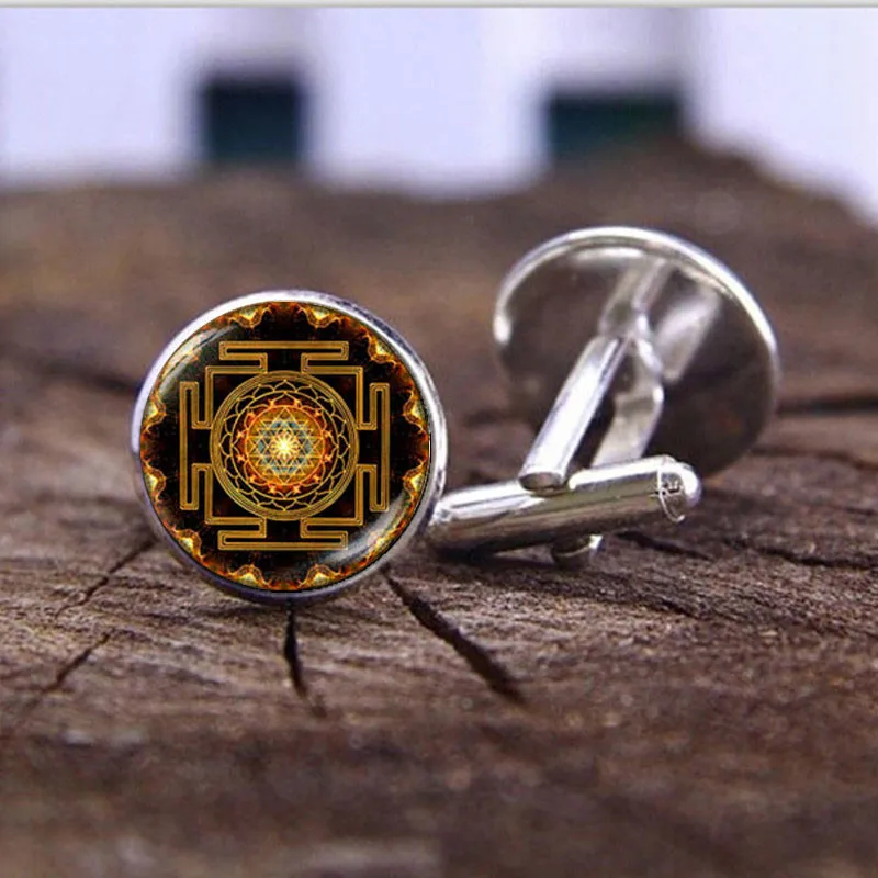 Sri Yantra Мандала сакральные запонки с геометрическим рисунком ювелирные изделия