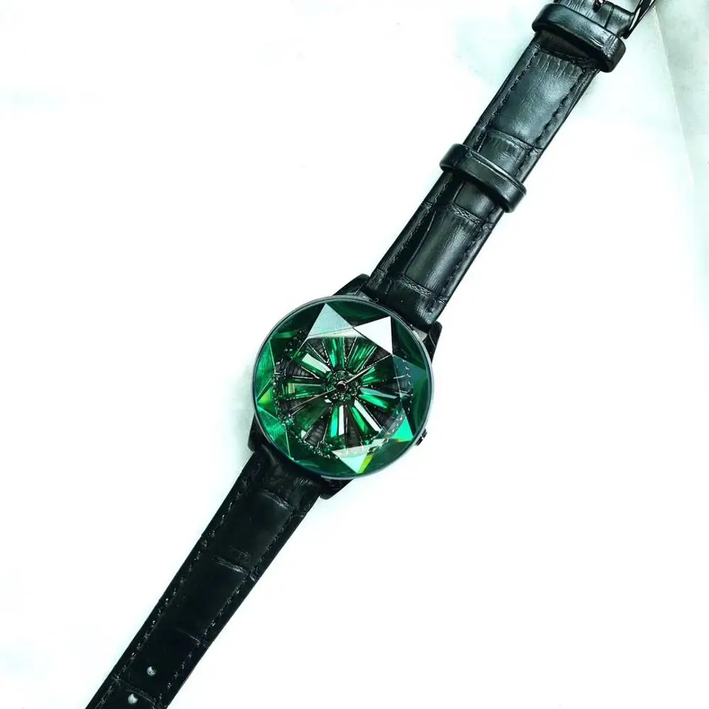 Очень красивые женские часы с зелеными кристаллами, граненые Звездные часы, вращающиеся цветы, водонепроницаемые часы с кожаным ремешком, вращающиеся часы Montre - Цвет: Черный