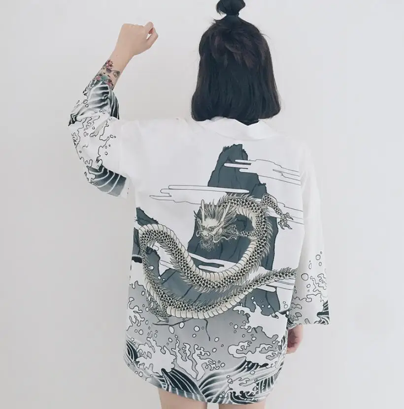 

Japanese style waves and wind dragon kimono print chiffon cardigan summer sun shirt