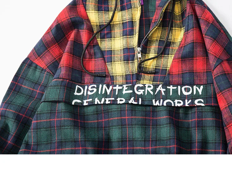 Patchwork Pullover Plaid Long Sleeve Hoodies Shirts 7
