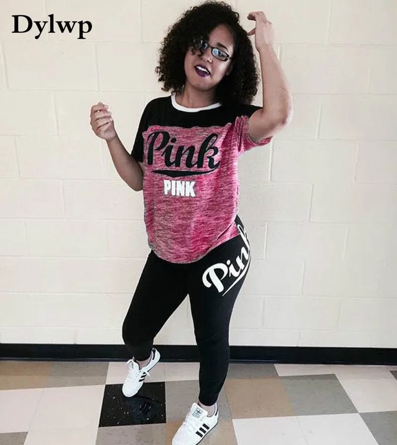 2Pcs Womens Clothing Pink Outfit Print Short Sleeve T-shirt Top And Long Pants Two Piece Set Tracksuit Women Pink Sweatsuit Women's Sets