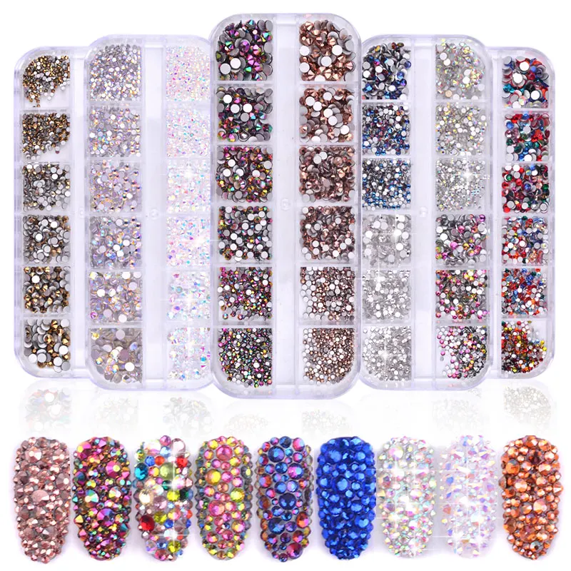 

1box Multi Size Glass Nail Rhinestones Mixed Colors Flat-back AB Crystal Strass 3D Charm Gems DIY Manicure Nail Art Decorations