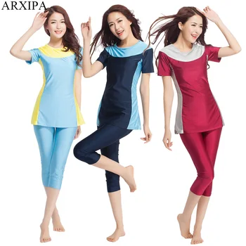 

ARXIPA 2019 Muslim Swimwear Hijab Islamic Swimsuit Women Burkinis Patchwork Fashion Arabian Plus Size Conservative Modest Sports