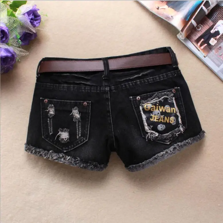 

New Womens Skull Printing Summer Spring Autumn Denim Shorts Black Large Size Washed Female Ripped Jeans Short Without Belt J2739