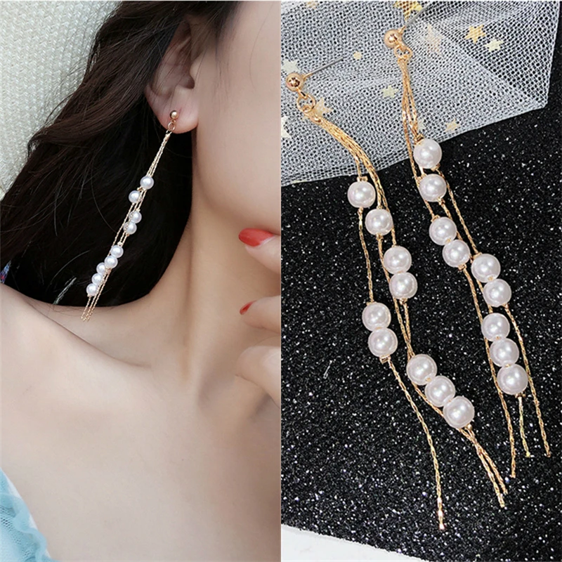 

Round Earrings Brinco Long Statement Multilayer Metal Chain Tassel Dangle Drop Earrings For Women Pearl Earings Fashion Jewelry