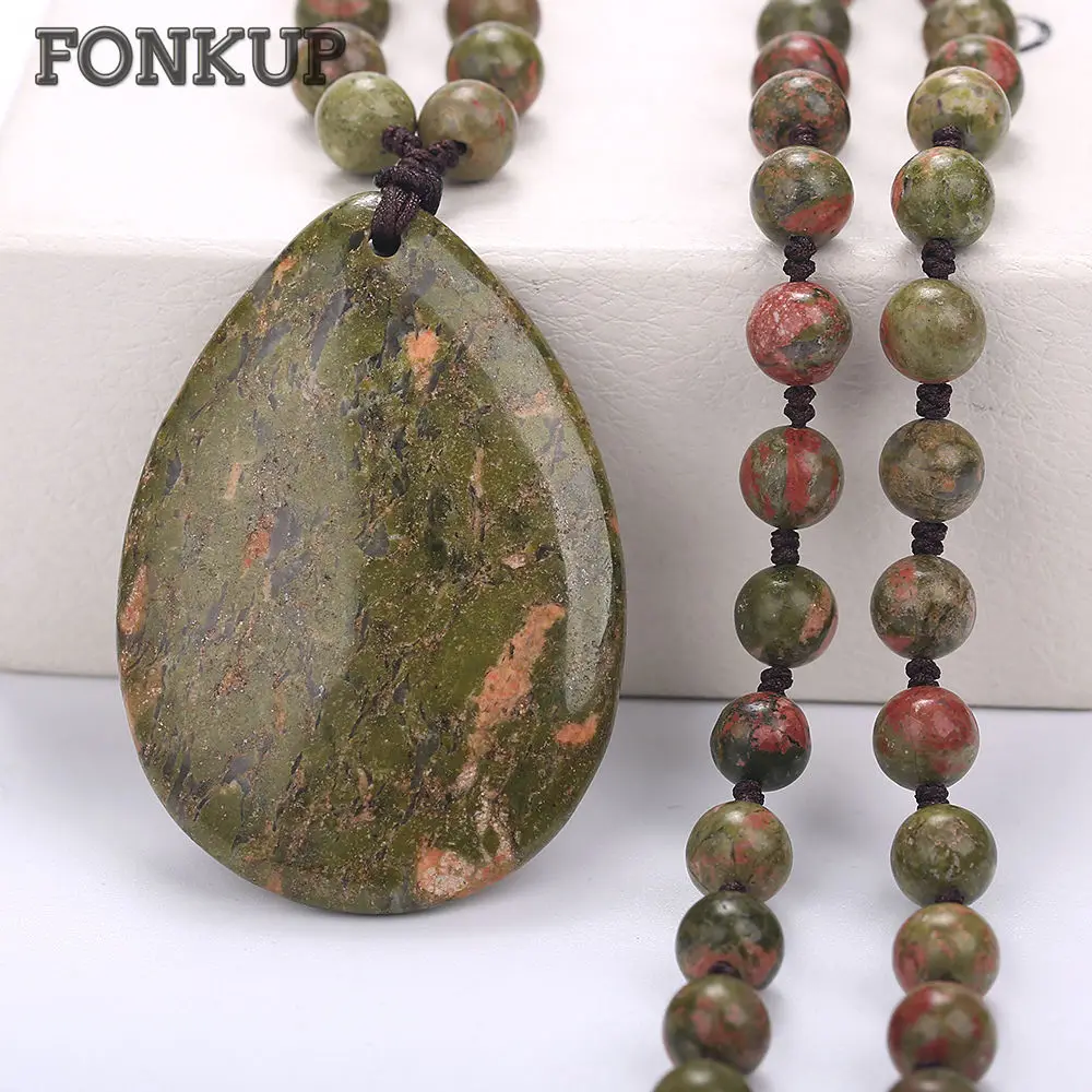 

Fonkup Unakite Necklace Statement Female Chain Long Jewelry Water Drop Pendant Natural Stone Bead Bijoux Punk Male Pokemon Geode