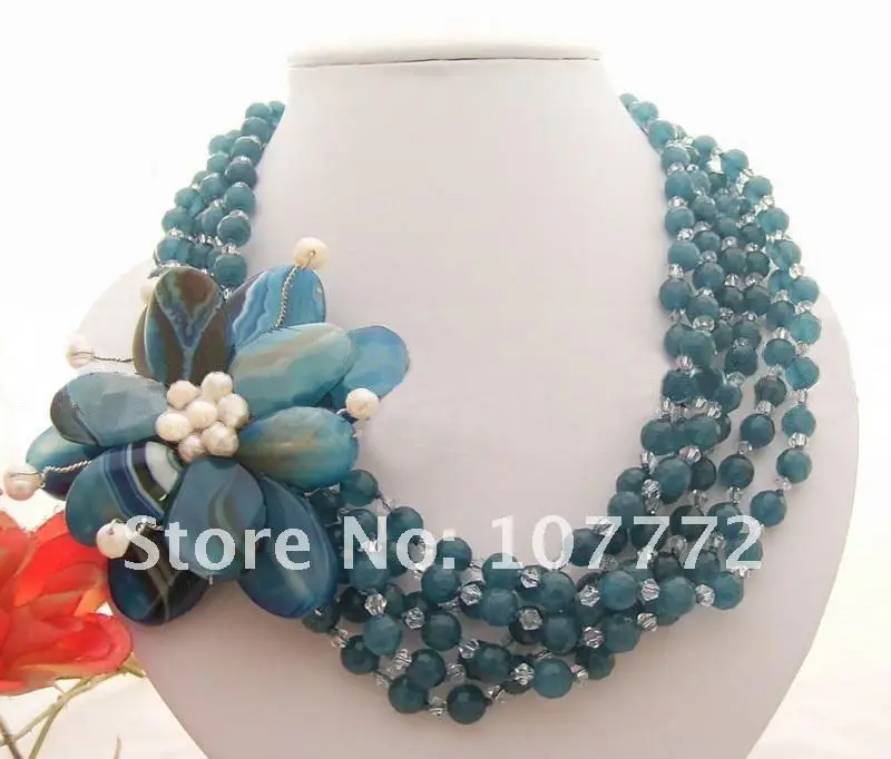 

6 strands Pearl&Blue Stone&Crystal&Onyx Flower Necklace