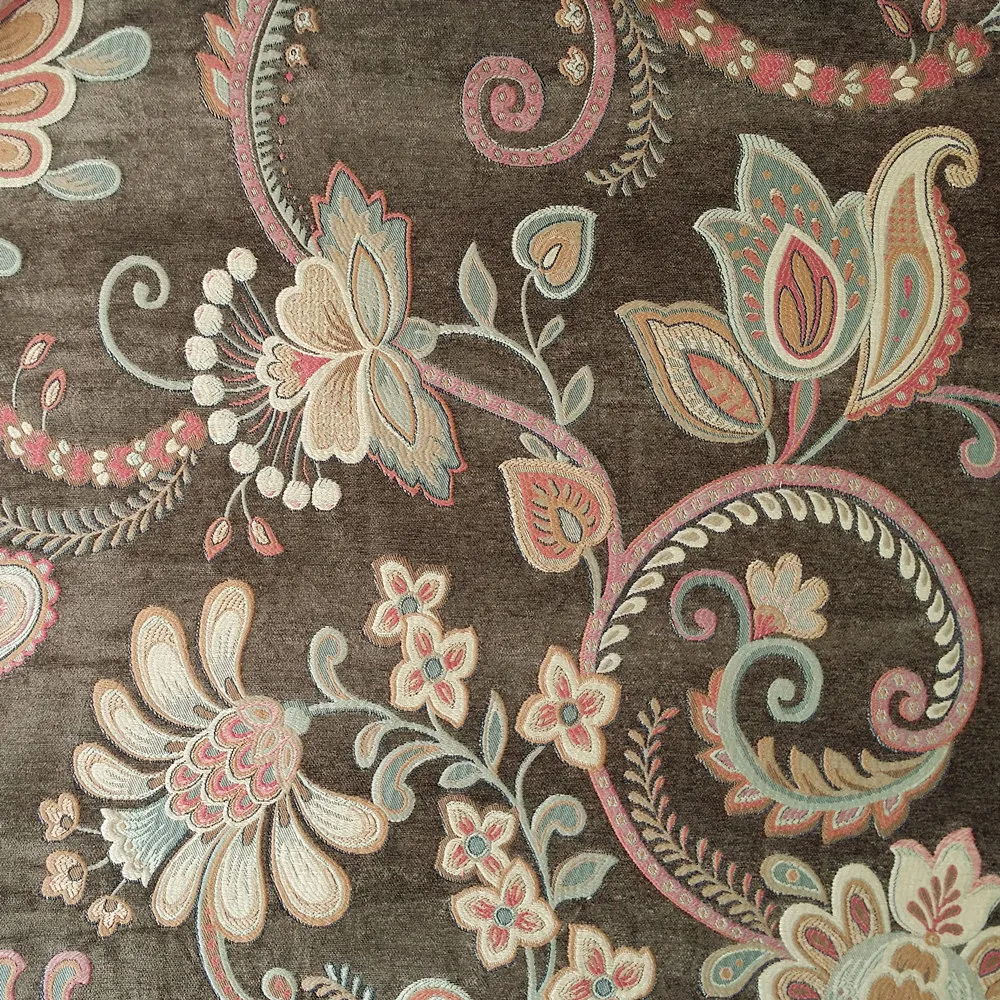 2017 Luxurious Sofa Hevay Brown Big Floral Chenile Curtain Upholstery