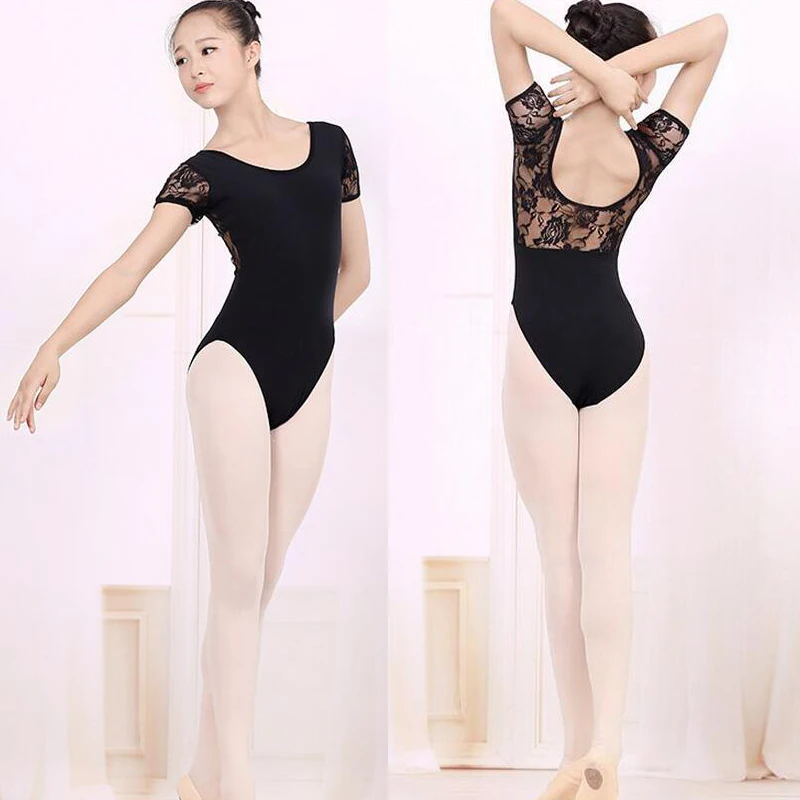 

Short Sleeves Ballet Leotard For Women Black Lace Ballet Dancewear Sexy Backless Unitard Adult Dance Practice Gymnastic Leotards