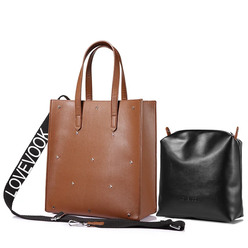 LOVEVOOK женские сумки высокого качества PU женские сумки через плечо большая вместительность известные бренды роскошные дизайнерские черные - Цвет: Коричневый