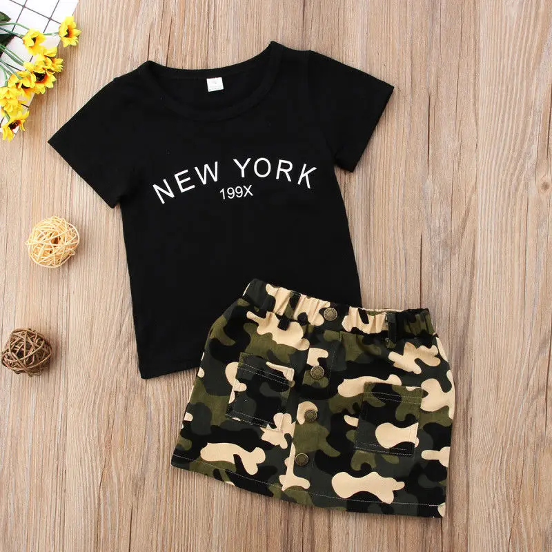 

Toddler Baby Girls Camouflage Outfit Clothes Black T-Shirt Pocket Skirt Summer Clothing Set
