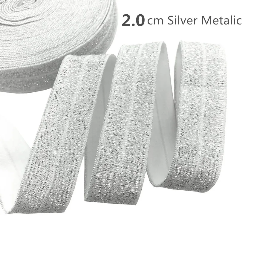 

New 10Y 20mm Silver Metallic Fold Over Elastic Glitter FOE Ribbon for Sewing Hair Tie Headwear Hair Accessories Gift Webbing