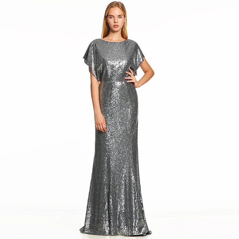 Tanpell длинное вечернее платье с открытой спиной Серебряное платье с рукавами-крылышками и блестками длиной до пола ТРАПЕЦИЕВИДНОЕ платье для выпускного вечера