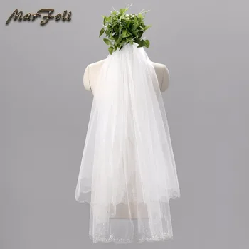 

Marfoli New Arrival Two-layers Short Wedding Veils With Comb White Ivory Bridal Gowns Fashionable Bead Edge Popular V8 Hot Sale
