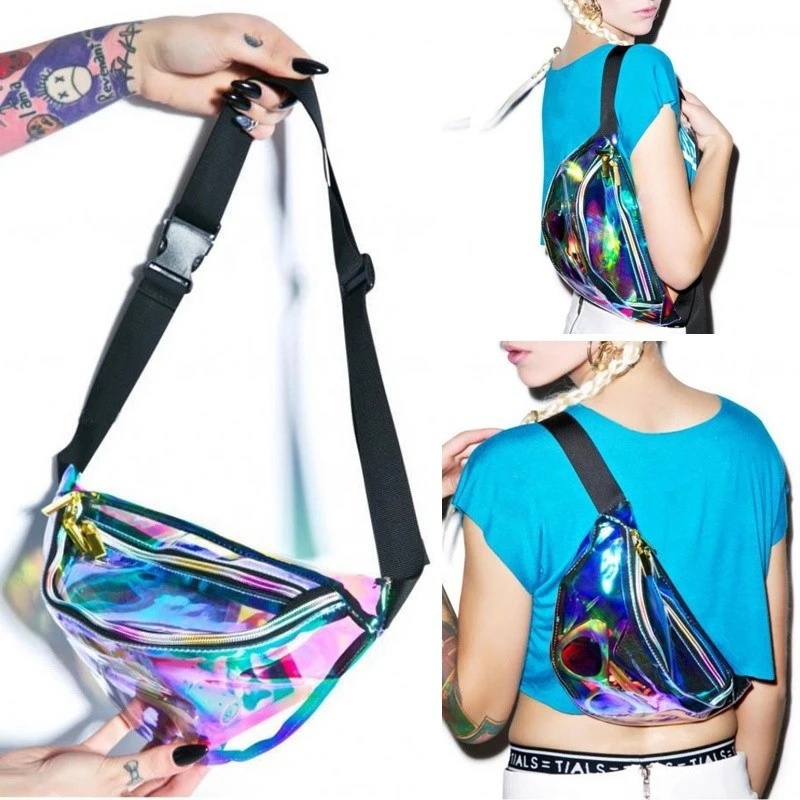 

JHD-Punk Lady Girl Retro Rainbow Transparent Fanny Pack Bum Women Purse Waist Bag