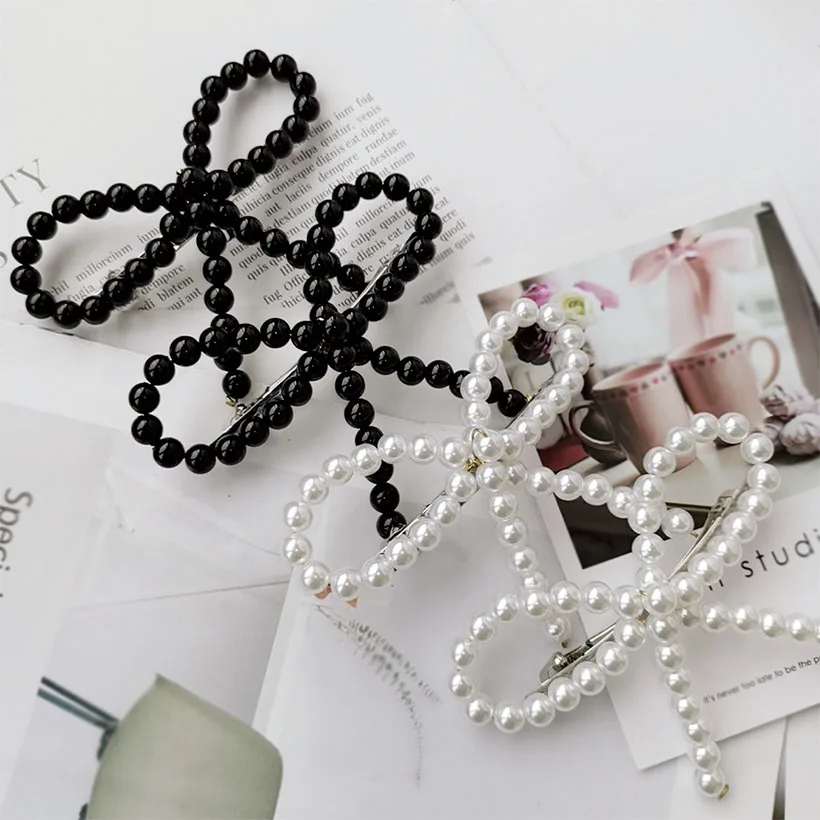

2019 Fashion Korean Sweet Pearl Bow Duckbill Clip Hairpins Women Side Bangs Headwear Hair Clip Girls Hair Accessories Barrettes