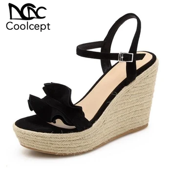 

CoolCept Women Genuine Leather Platform Sandals High Wedges Women's Shoes Fashion Buckle Princess Wedding Shoes Size 34-39