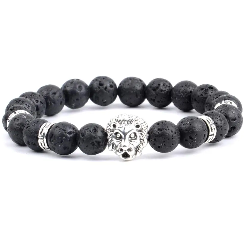 Серебряный цвет Шарм-браслет со львом натуральный камень Лабрадорит бусины браслеты для женщин ювелирные изделия мужские аксессуары Pulseira - Окраска металла: black lava