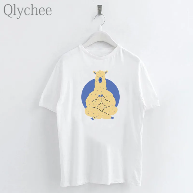 Qlychee Harajuku медитирующая женская футболка с принтом альпаки Футболки вырезом