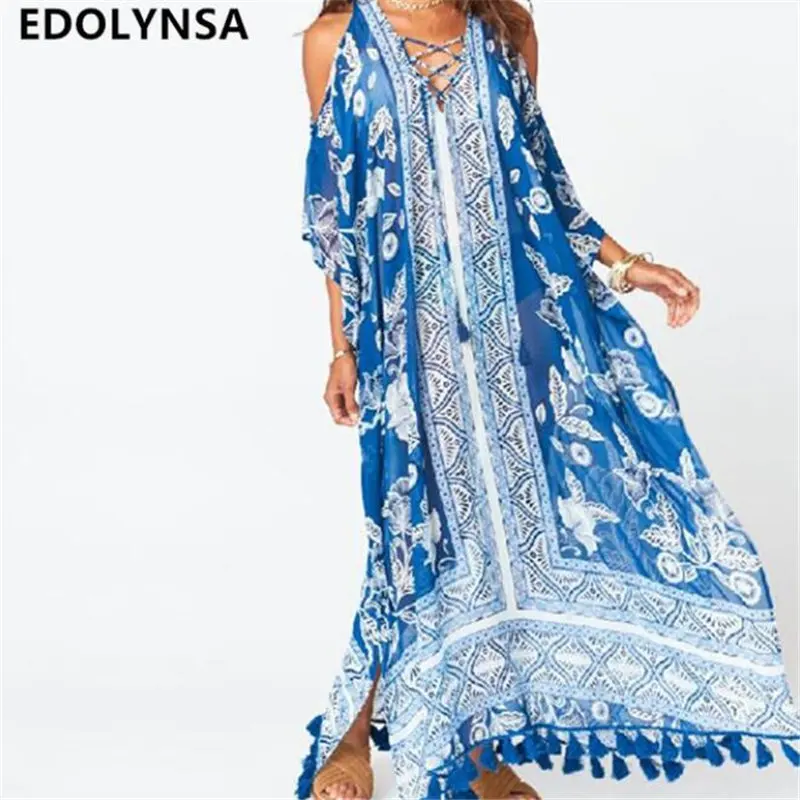 

Boho Floral Print Lace Up Cold Shoulder Batwing Sleeve Side Split Tassel Summer Beach Maxi Dress Plus Size Robe De Plage N626