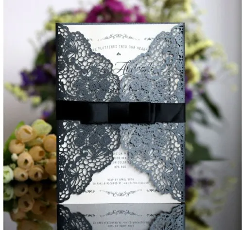 50 шт. лазерная резка приглашает для свадьбы, помолвки приглашает кружевная, с прорезями в виде цветов пригласительная открытка с лентой, на заказ, 8 цветов - Цвет: Black