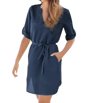 

Dresses Straight Casual Sexy Solid Half Sleeved Deep V-Neck Pocket Irregular Hem Beach Dress Lace-up Summer Nice Harajuku Dress