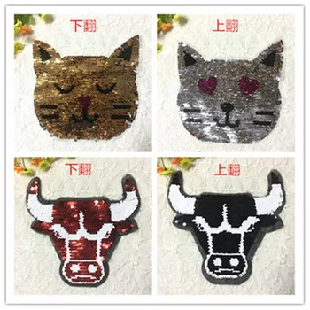 2017 NEW Cat and OX Reversible Change color Sequins Sew On Patches for clothes DIY Patch Applique Bag Clothing Coat Jeans Craft