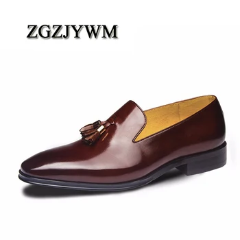 

ZGZJYWM New Fashion High Quality Comfortable Tassel Black/Red Genuine Leather Loafers Pointed Toe Flats Oxfords Men Shoes