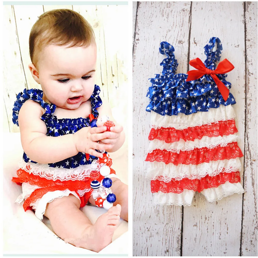 

Modis Infant Baby Kids Boys Girls Ruffle Lace Stars Striped 4th Of July Romper Jumpsuit Outfit Suit For Baby Gift Kids Clothes