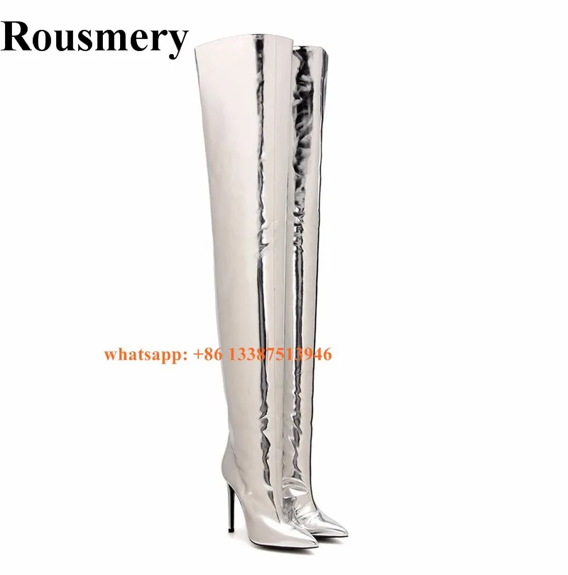 

2017 Women Superstar Sliver Metallic Thigh High Boots Pointy Toe Thin Heel Mirror Patent Leather High Heel Long Boots