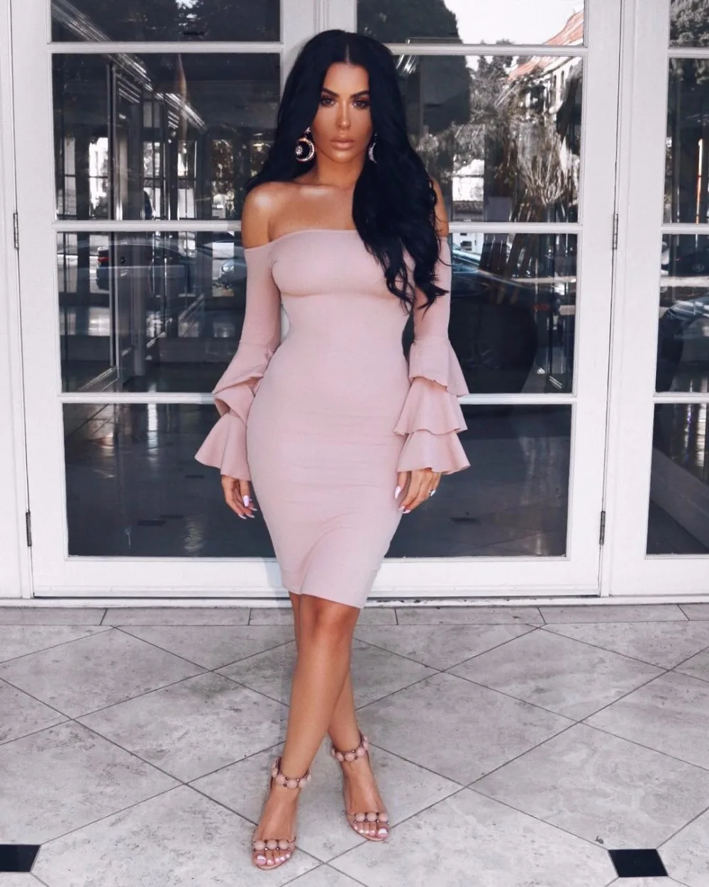 

wholesale New dress Apricot pink Long sleeves Stylish and elegant Elasticity tight Cocktail party bandage dress (H2051)