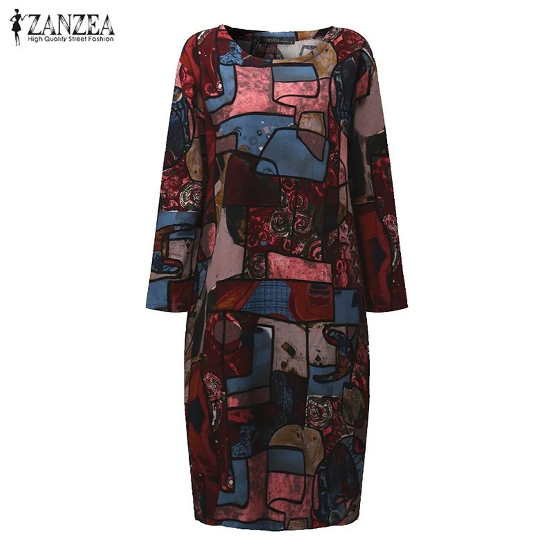 ZANZEA женские винтажные платья с цветочным принтом осенние Элегантные повседневные свободные платья с длинным рукавом и круглым вырезом до середины икры Vestidos размера плюс 5XL