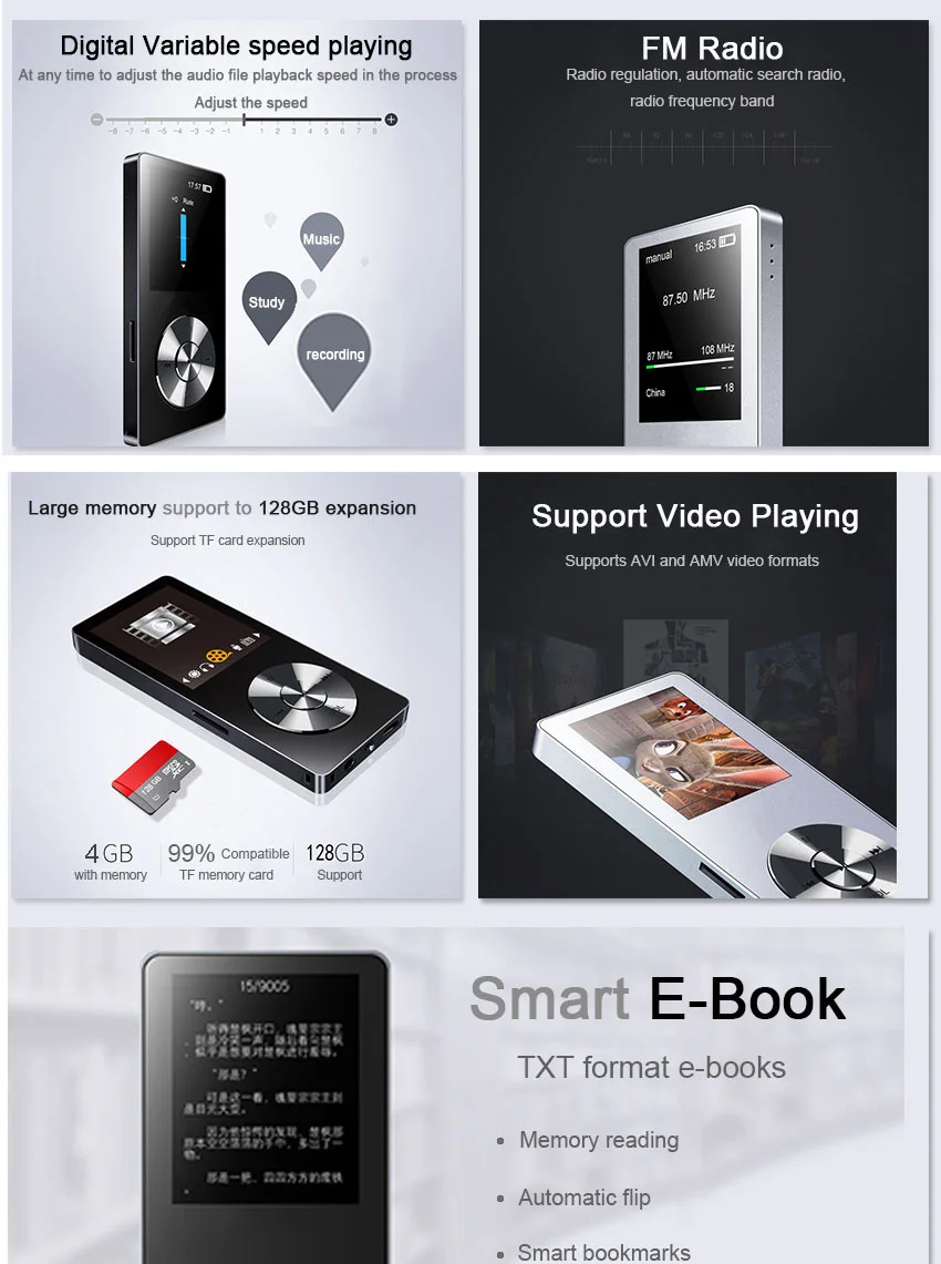portable metal mp3 player Built-in Speakers e-book fm radio clock audio recorder flac lossless HIFI sports music video player