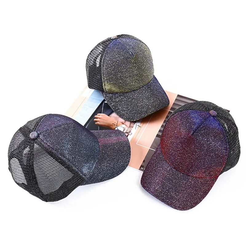 

New Sequins Fluorescent Baseball Caps With Foams Mesh Classic Visor Hat Fashion Girl Back Hole Pony Tail