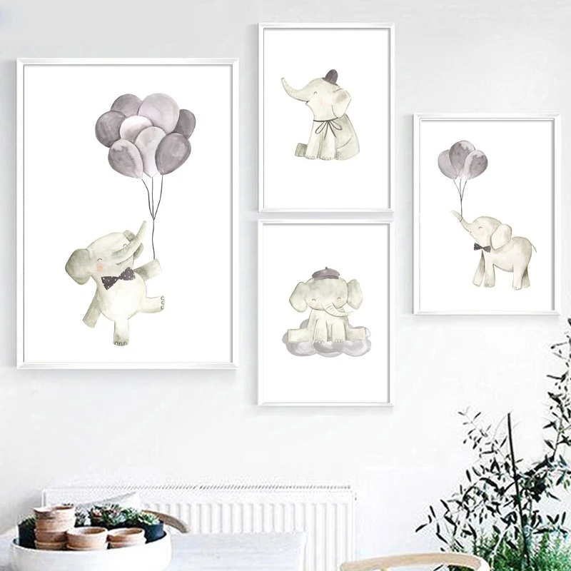 

Watercolor Elephant balloon Wall Art Canvas Painting Nordic Posters And Prints Decoration Pictures Baby Girl Boy Room Wall Decor