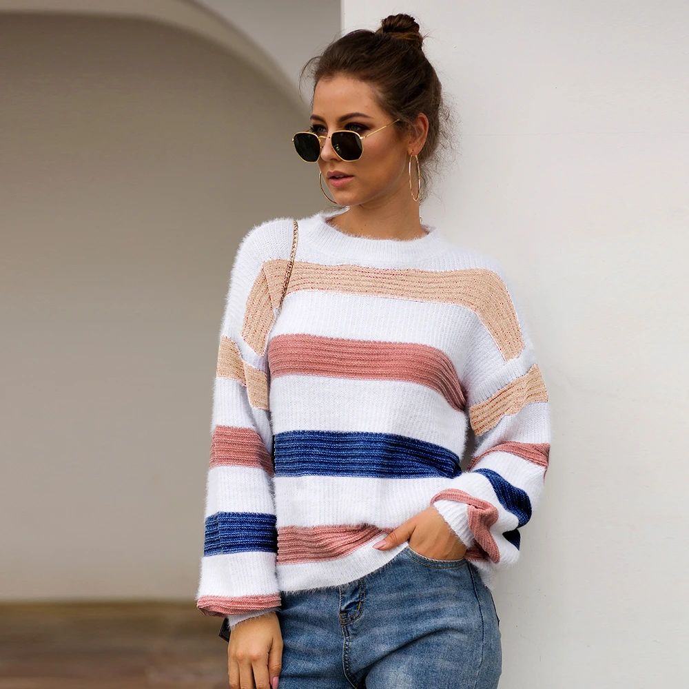

Rainbow Pullovers Striped Crop Top Sweater Women Jumper Knit Winter Clothes O Neck Casual Loose Sweater Casaco Feminino