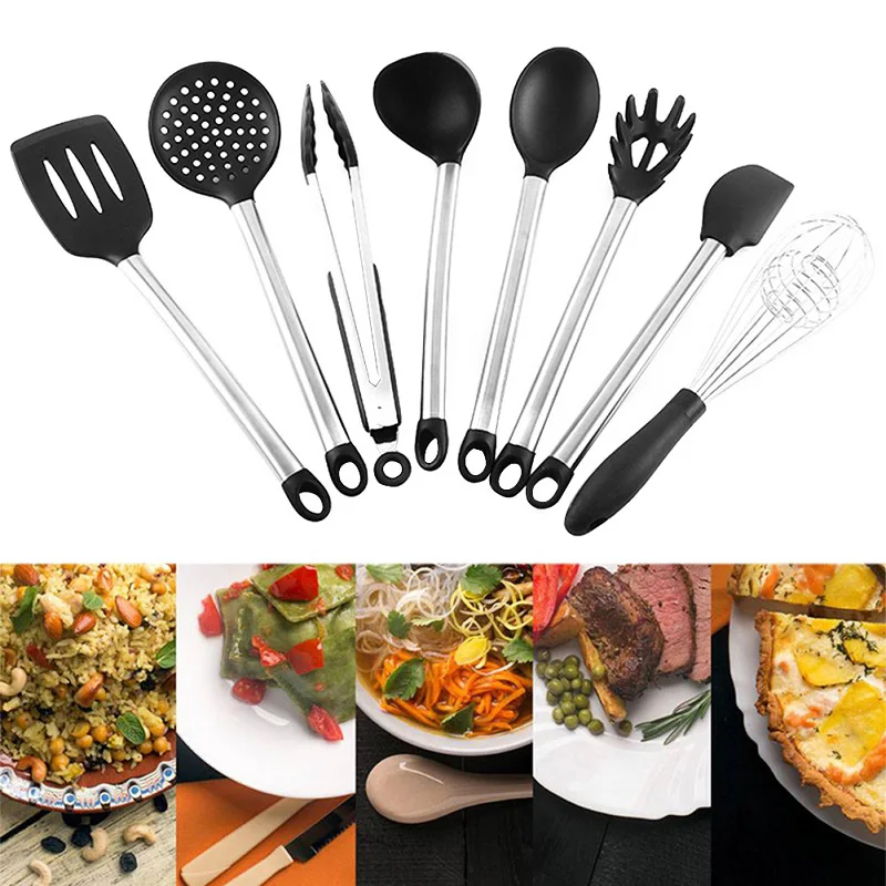 3/4/8/9 Pcs Kitchen Cooking Tool Set Silicone Wooden Handle Spoon Shovel Non Stick Dinnerware Cooking Tools Accessories Supplies