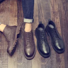 Мужские зимние ботинки на шнуровке в ретро-стиле повседневные ботинки с круглым носком, Нескользящие ботильоны на резиновой подошве черного и коричневого цвета