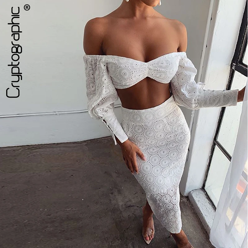 

Cryptographic Floral Hollow Out White Top and Skirt Set Outfits Matching Sets Sexy Strapless Crop Top Zipper High Waist Skirts