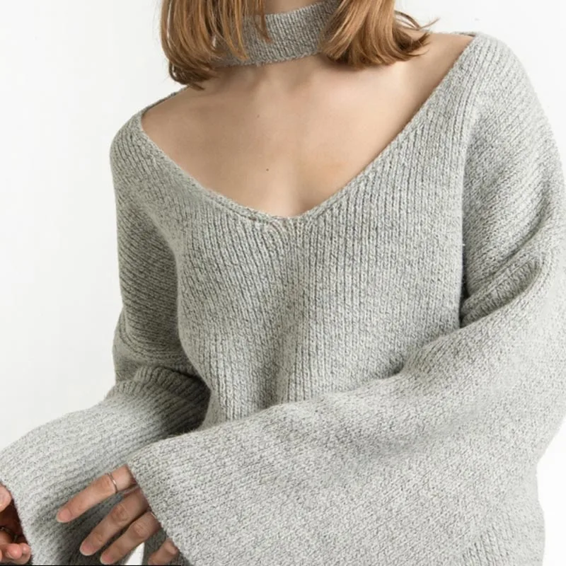 HYH HAOYIHUI  Gray V Neck Choker Female Pullover Casual Autumn Flare Sleeve Women Sweaters Vintage Sexy Basic Pullover Sweater