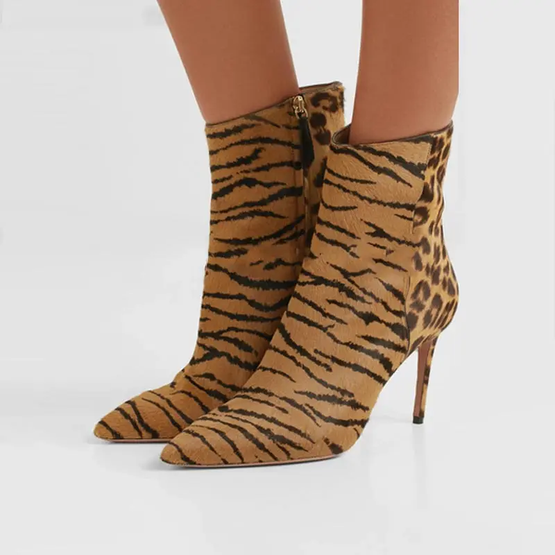 

Boots Women Leopard-Print Ankle Boots Pointed Toe Slim Stiletto Heels Artifical Horsehair High Heels Women Shoes