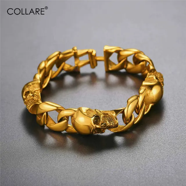 Collare Skull Bracelet Men Stainless Steel Jewelry Punk Collare Skull Bracelet Men Stainless Steel Jewelry Punk Skeleton Link Hand Chain Gold Black