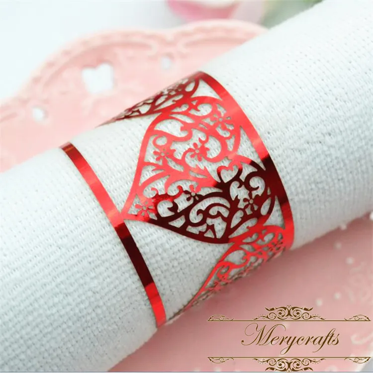 300 шт./лот металлизированная бумага вырезанные лазером сердечки кольца для салфеток для свадьбы