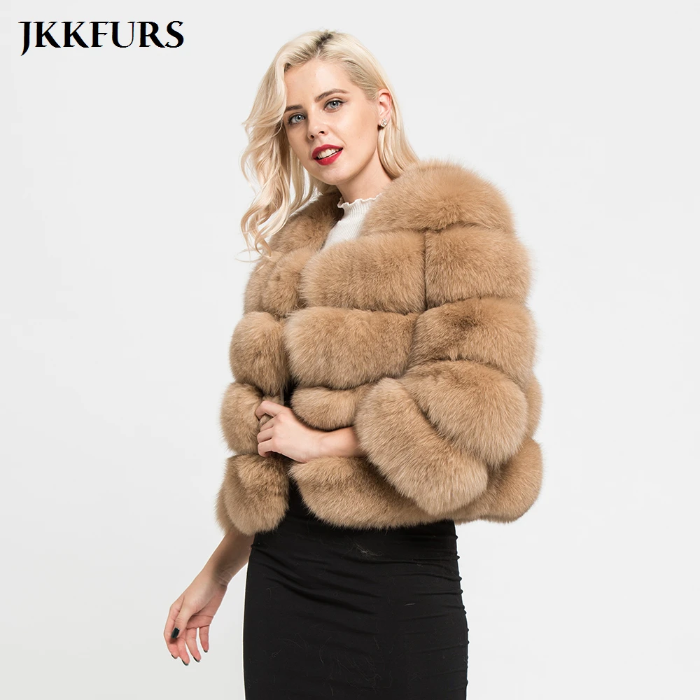 JKKFURS Женское пальто из натурального Лисьего меха с карманами зимняя теплая