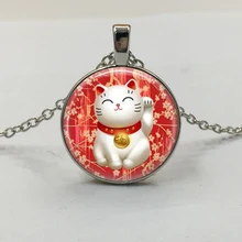 3 couleurs nouveau rouge Maneki Neko chanceux chat verre Cabochon pendentif chaîne collier(China)