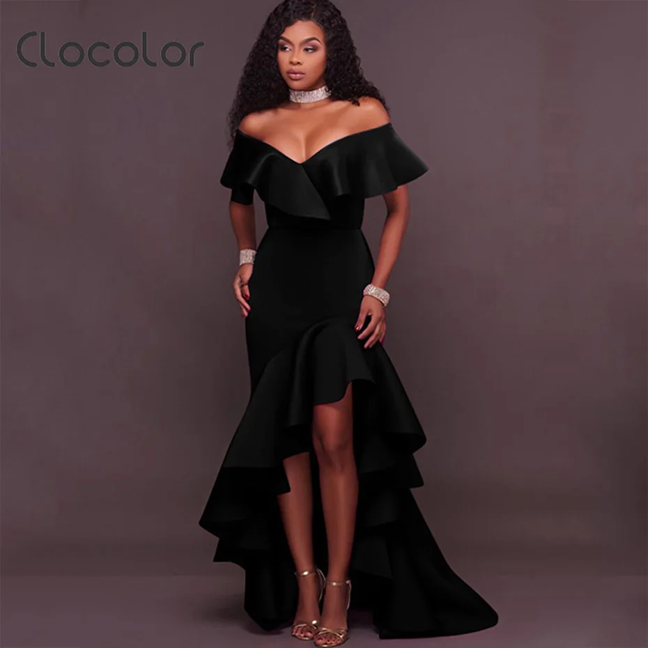 Clocolor Dress Women Party Elegant Plus Size Ruffles Sexy Slash Neck Backless Wedding Evening Floor Length Asymmetrical Dress