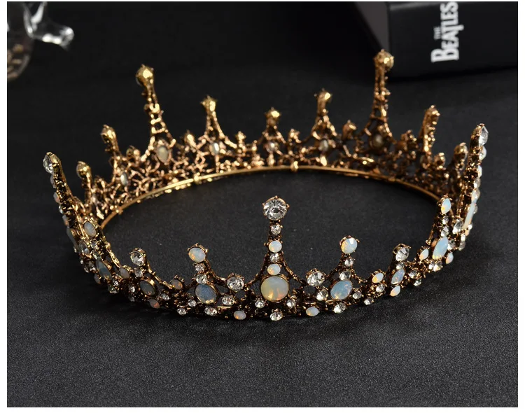 

Baroque Vintage Black Rhinestone Beads Round Big Crown Wedding Hair Accessories Luxury Crystal Queen King Crowns Bridal Tiaras