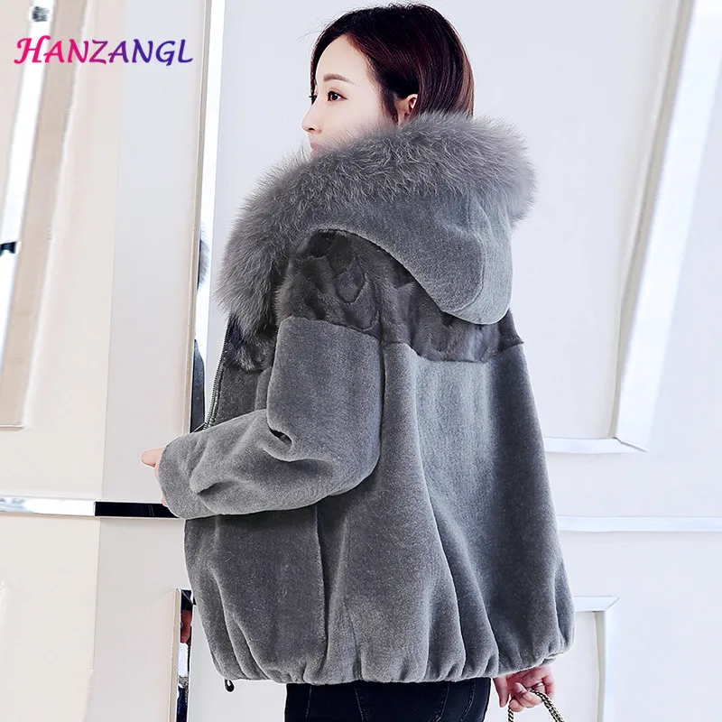 HANZANGL 2018 Winter Wool Coat Women's Lamb Fur Coat Fox Fur Hooded Fashion Warm Sheep Sheared Coat Outerwear Plus Size M-3XL