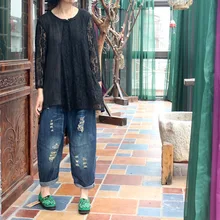 Дизайн текстуру кожи чисто рами Лоскутная Кружевная футболка Для женщин ретро Повседневное Черный футболки Осень и весна D660